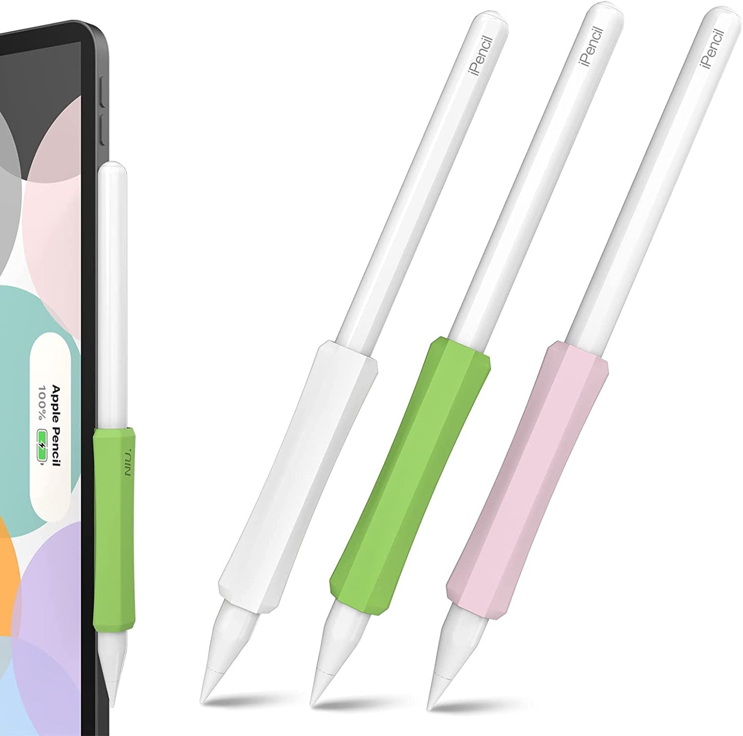 NIUTRENDZ 3 Pack Apple Pencil Grip Silicone Case Accessories Cover Ergonomic Design Sleeve Compatible with Magnetic Charging and Double Tap (Apple Pencil 2Nd Generation, White + Grey + Black)  NIUTRENDZ White + Matcha + Pink Apple Pencil 2nd Generation 