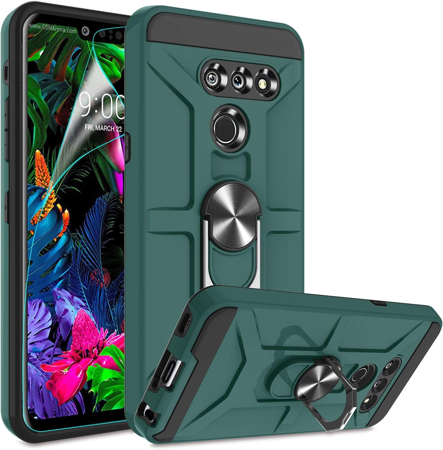 G8 Thinq Case, G8 Case with HD Screen Protector, Atump 360° Rotation Ring Holder Kickstand [Work with Magnetic Car Mount] PC+ TPU Phone Case for LG G8, Rose Gold  Atump Midnight Green  