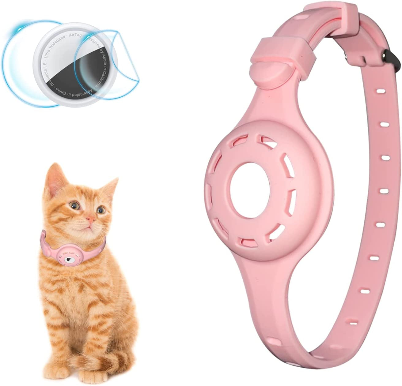 Airtag Cat Collar Airtag Dog Collar Holder with 1 HD Protective Film 4.8-12.8Inch Soft Silicone Dog Collars for Apple Airtag on Small Cats Small Dogs (Pink)  UMOPET   