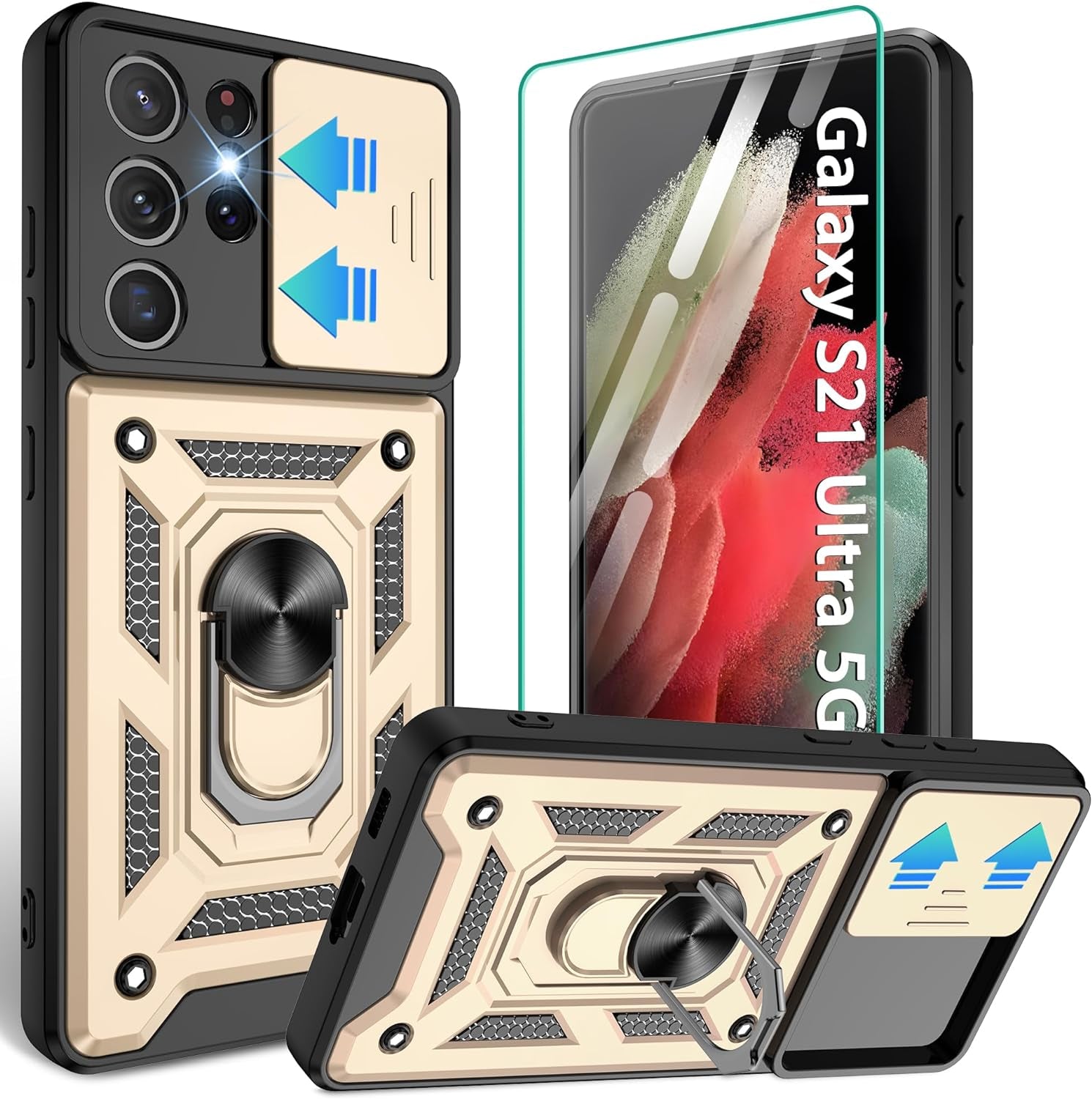 Compatible with Samsung Galaxy S21 Ultra Case,S21 Ultra Case with HD Screen Protector with Slide Camera Cover, 360°Rotation Ring Kickstand [Military Grade] Case for Galaxy S21 Ultra, Rose Gold  Gritup Gold  