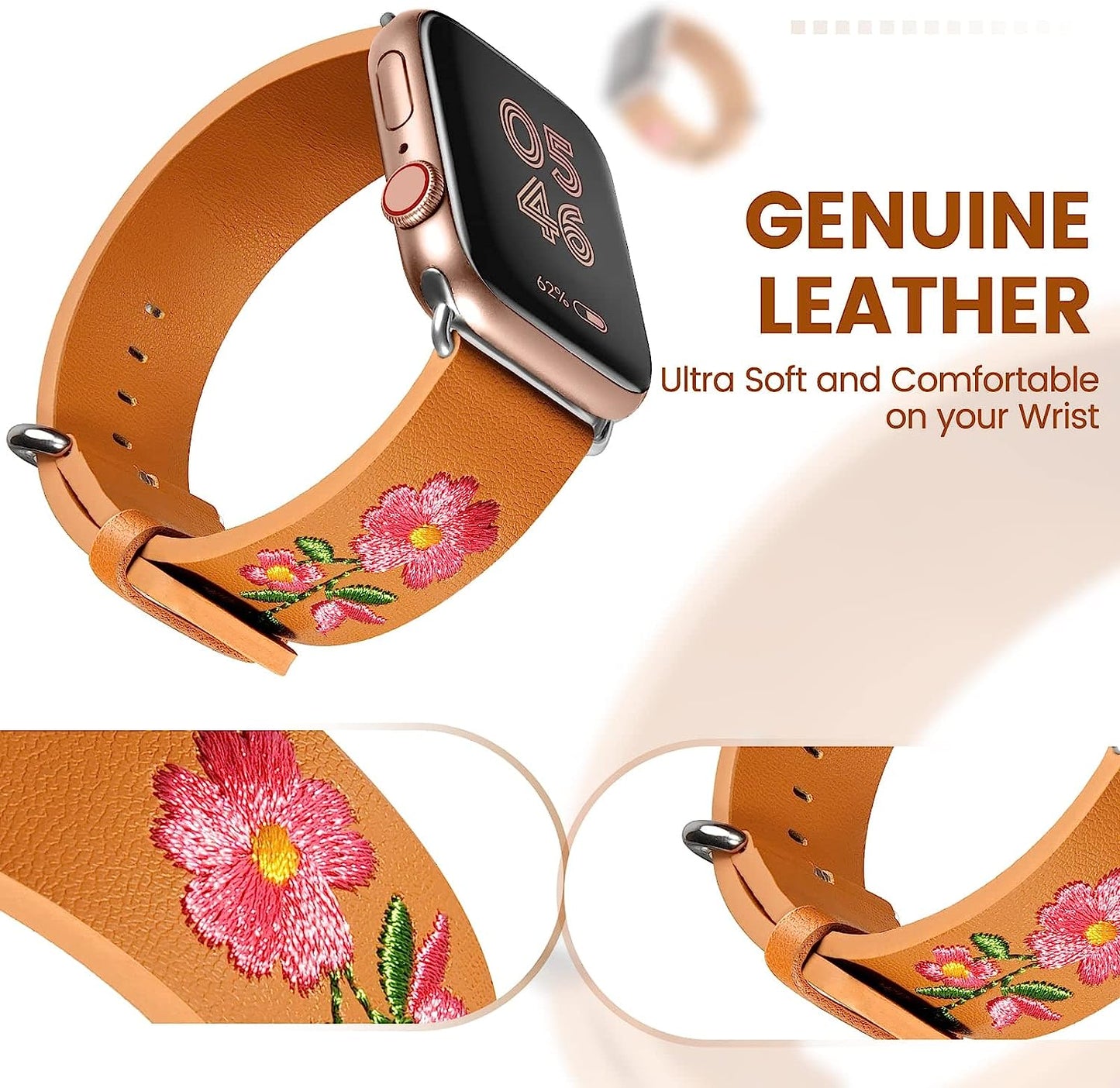 FENICHI Leather Watch Bands for Apple Watch 44Mm 38Mm 40Mm 41Mm 42Mm 45Mm 49Mm Personality Embroidery Elegant Wristbands for Iwatch Series 8 7 6 5 4 3 2 1 Se Ultra Band Women Girl Lady  FENICHI   