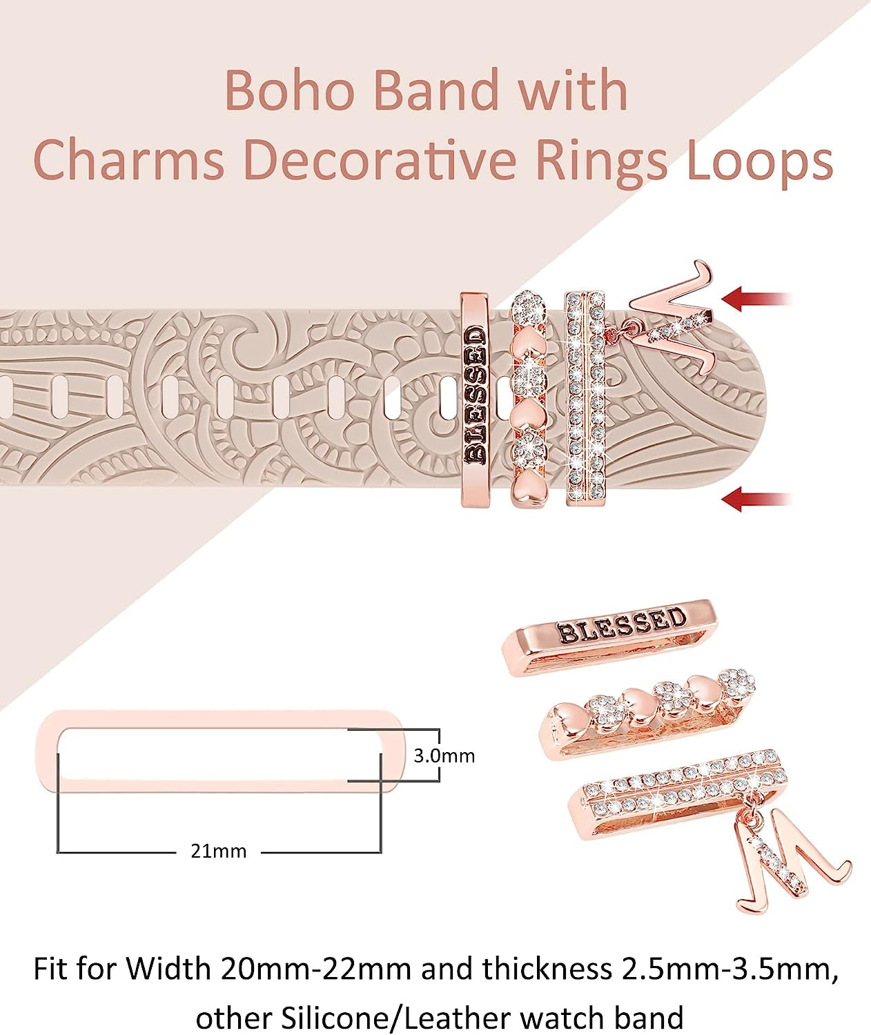 (Include Band) Decorative Ring Loops Compatible with Apple Watch Band Charms 41/40/38/42/44/45/49Mm Women, Boho Engraved Fancy Accessories Silicone Strap for Iwatch Series 8 SE Ultra 7 6 5 4 3 2 1  TOYOUTHS   