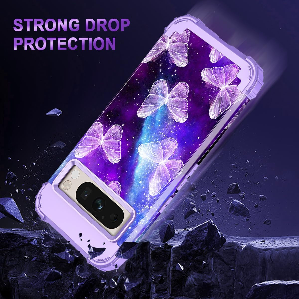 Rancase for Google Pixel 8 Pro Case,Three Layer Heavy Duty Shockproof Full Protection Hard Plastic Bumper+Soft Silicone Rubber Protective Girls Case for Google Pixel 8 Pro 6.7 Inch,Purple Butterfly  Rancase   