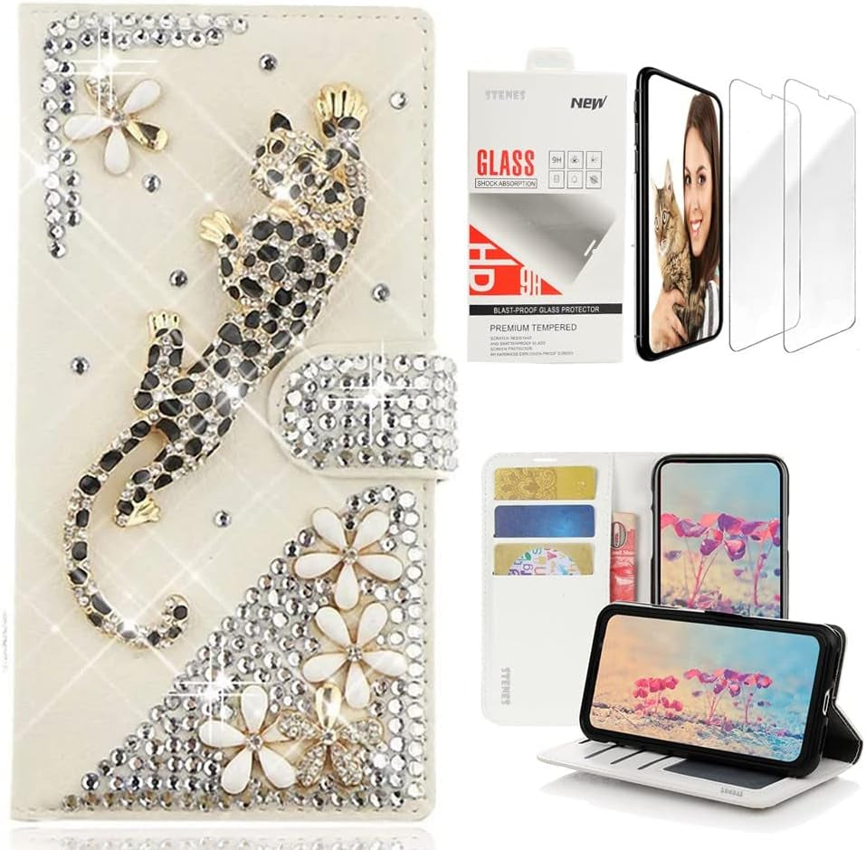 STENES Bling Wallet Case Compatible with LG G7 Thinq - Stylish - 3D Handmade Flowers Design Leather Case with Wrist Strap & Screen Protector [2 Pack] - Pink  STENES Leopard Flowers / Gold Design For Lg K30 