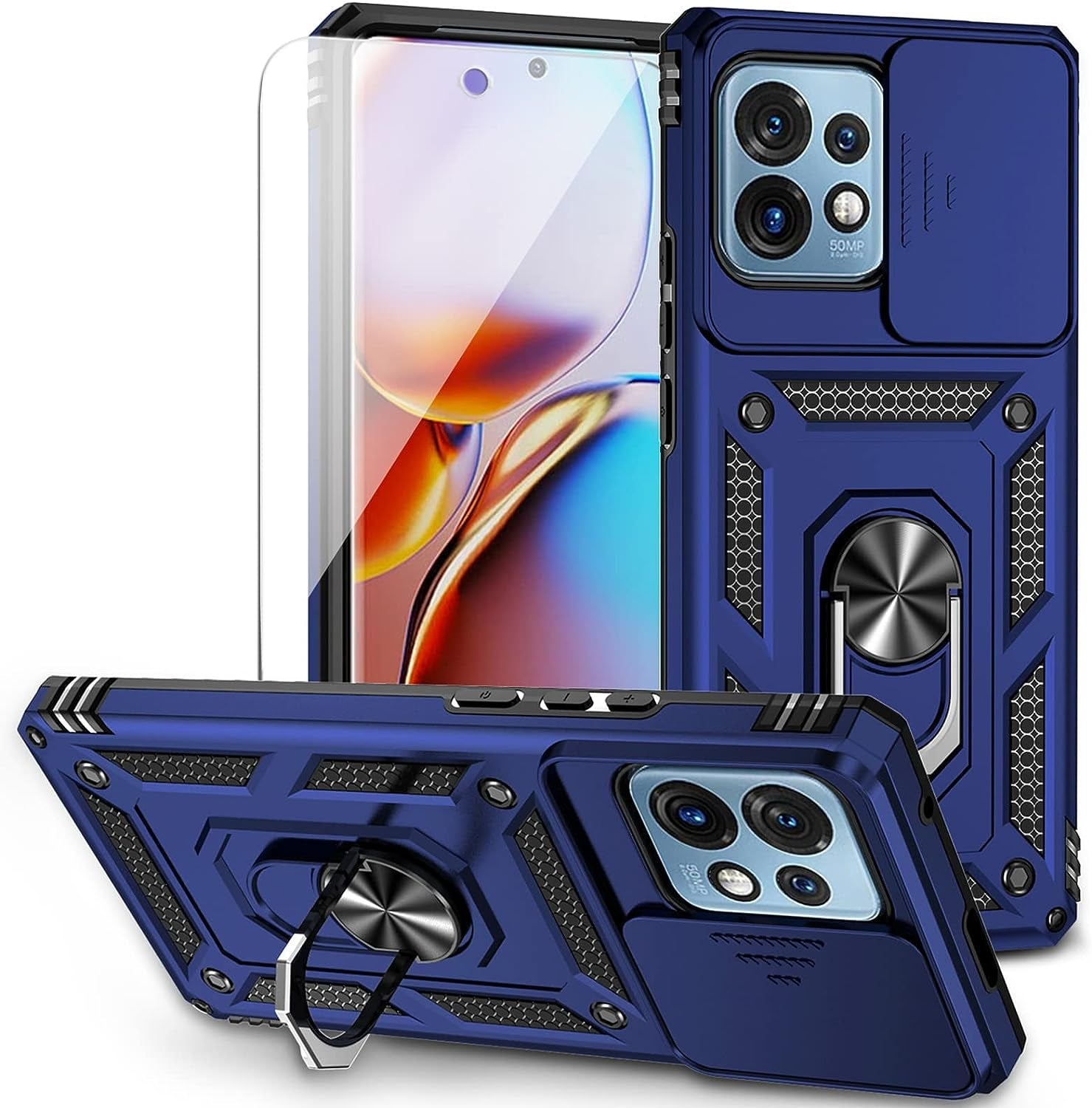 For Motorola Edge plus 2023 Case W/ Slide Camera Cover HD Screen Protector [Military Grade 16Ft. Drop Tested] Magnetic Ring Holder Kickstand Protective Phone Case for Motorola Edge+ plus 2023, Purple  PUSHIMEI Co., Ltd. Navy Blue W/ Slide Camera 2Nd Gen. Military Grade  