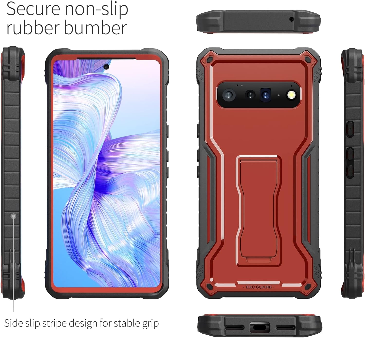 Exoguard for Google Pixel 6 Pro Case, Rubber Shockproof Heavy Duty Phone Case Built-In Kickstand, No Screen Protector (Red)  ExoGuard   