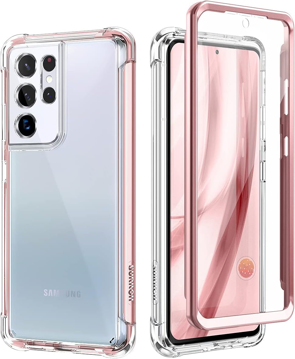 SURITCH for Samsung Galaxy S21 Ultra Clear Case 6.8" (Only), [Built-In Screen Protector] Full Body Protective Hard Shell+Soft TPU Phone Case for Samsung S21 Ultra -(Dark Magenta Edge)  SURITCH Rose Gold Edge  