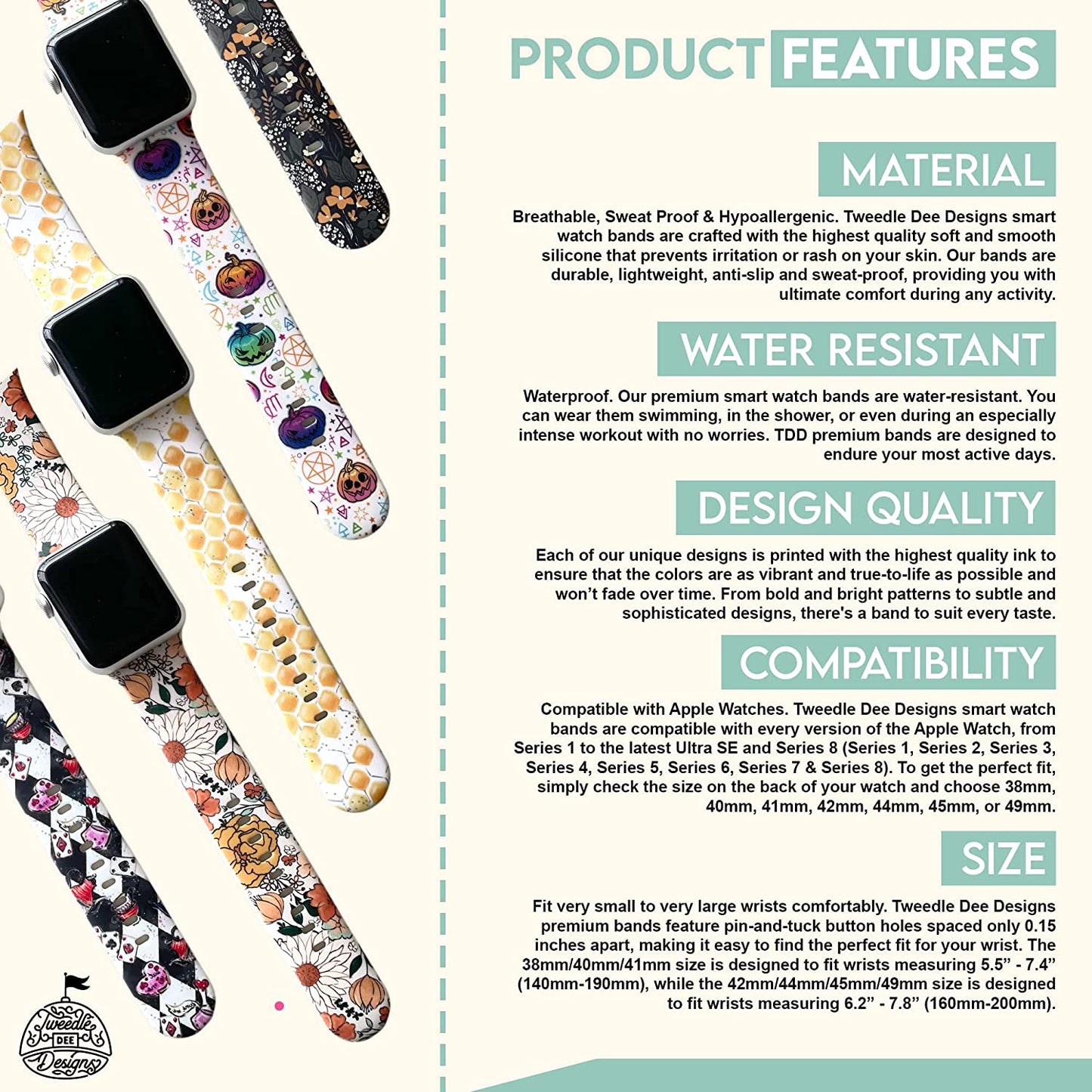 Rainbow Cats on Black Smart Watch Band for Apple Watch Series 1, 2, 3, 4, 5, 6, 7, 8, Model 38Mm/40Mm/41Mm/42Mm/44Mm/45Mm/49Mm, Active Sport Watch Band for Men and Women  Tweedle Dee Designs   