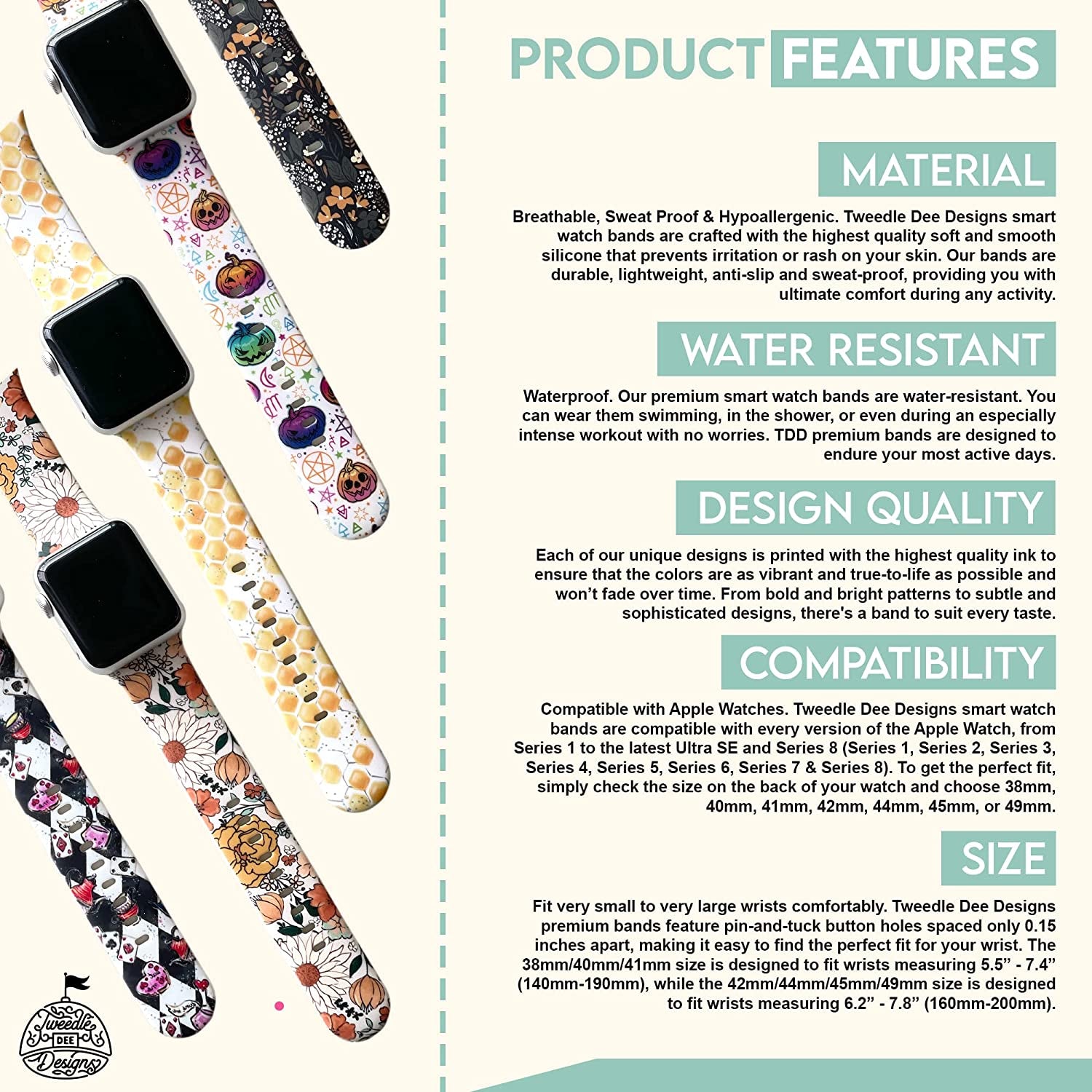 Rainbow Cats on Black Smart Watch Band for Apple Watch Series 1, 2, 3, 4, 5, 6, 7, 8, Model 38Mm/40Mm/41Mm/42Mm/44Mm/45Mm/49Mm, Active Sport Watch Band for Men and Women  Tweedle Dee Designs   