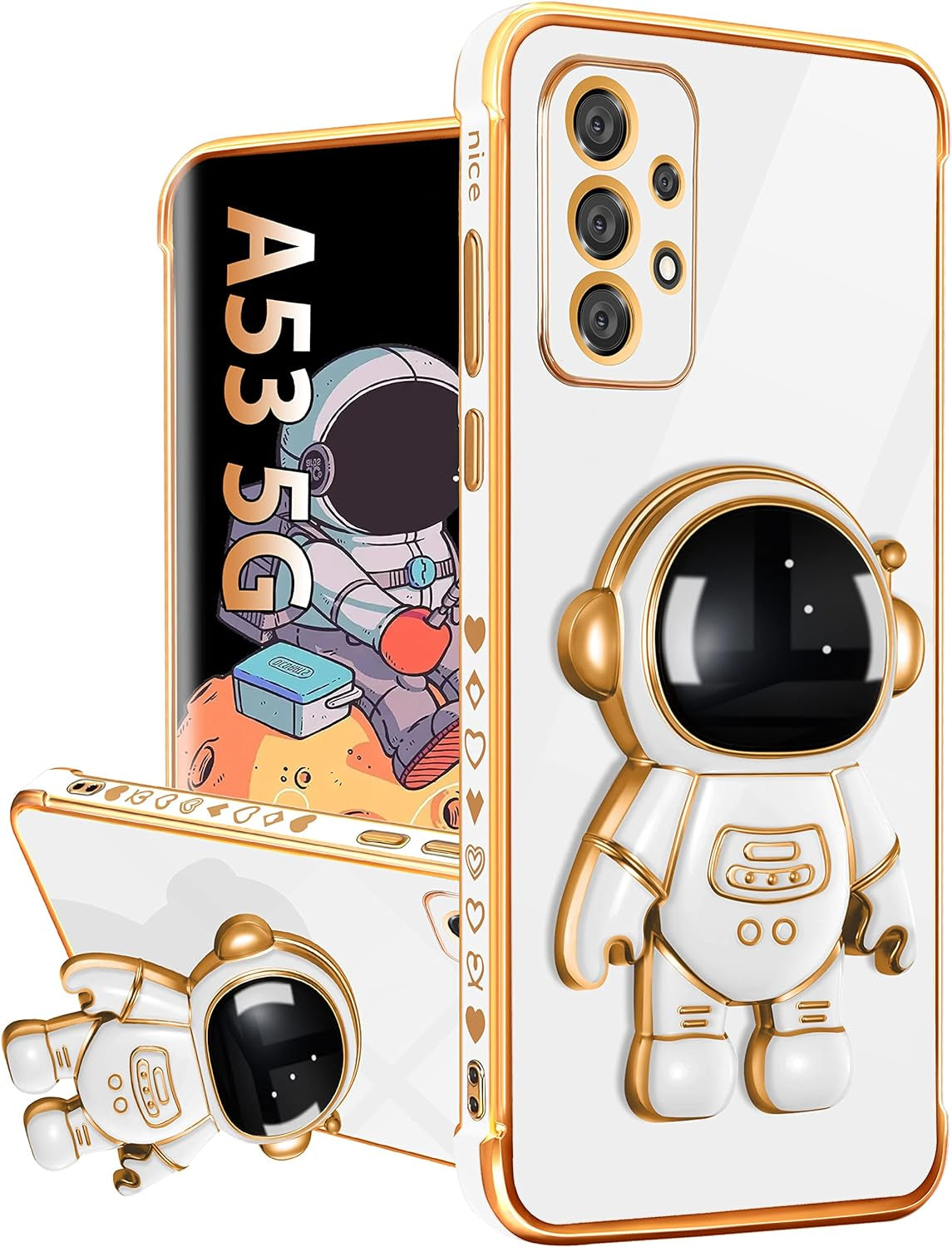 Buleens for Samsung A53 5G Case with Astronaut Stand, Women Girls Galaxy A53 5G Cases, Girly Cute 6D Outer Space Heart Pattern Phone Cover for Samsung Galaxy A53 5G Case 6.5 Inch White  Buleens   