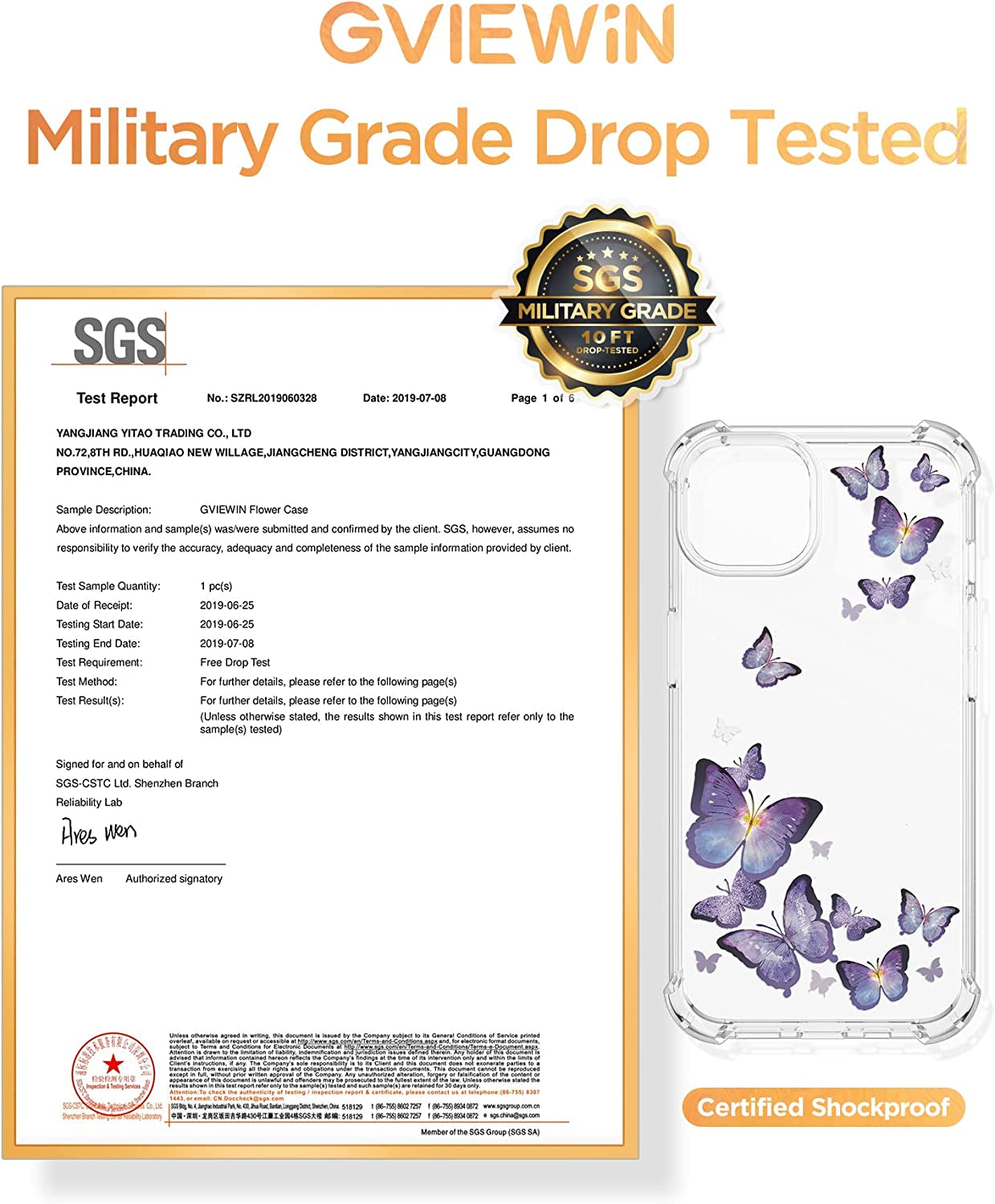 GVIEWIN Compatible with Iphone 14 Case with Screen Protector+Camera Lens Protector, Soft Shockproof Clear Floral Phone Protective Cover for Women, Flower Pattern Design 6.1"(Alluring Butterfly/Purple)  GVIEWIN   