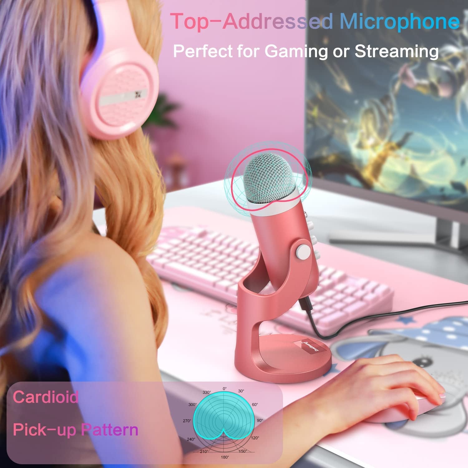 Zealsound Gaming USB Microphone,Pink Microphone with Quick Mute for Phone Computer PC Ps5,Studio Mic with Gain Control,Echo&Monitor Volume Adjust for Streaming Vocal Recording ASMR Podcast Video K66  ZealSound   
