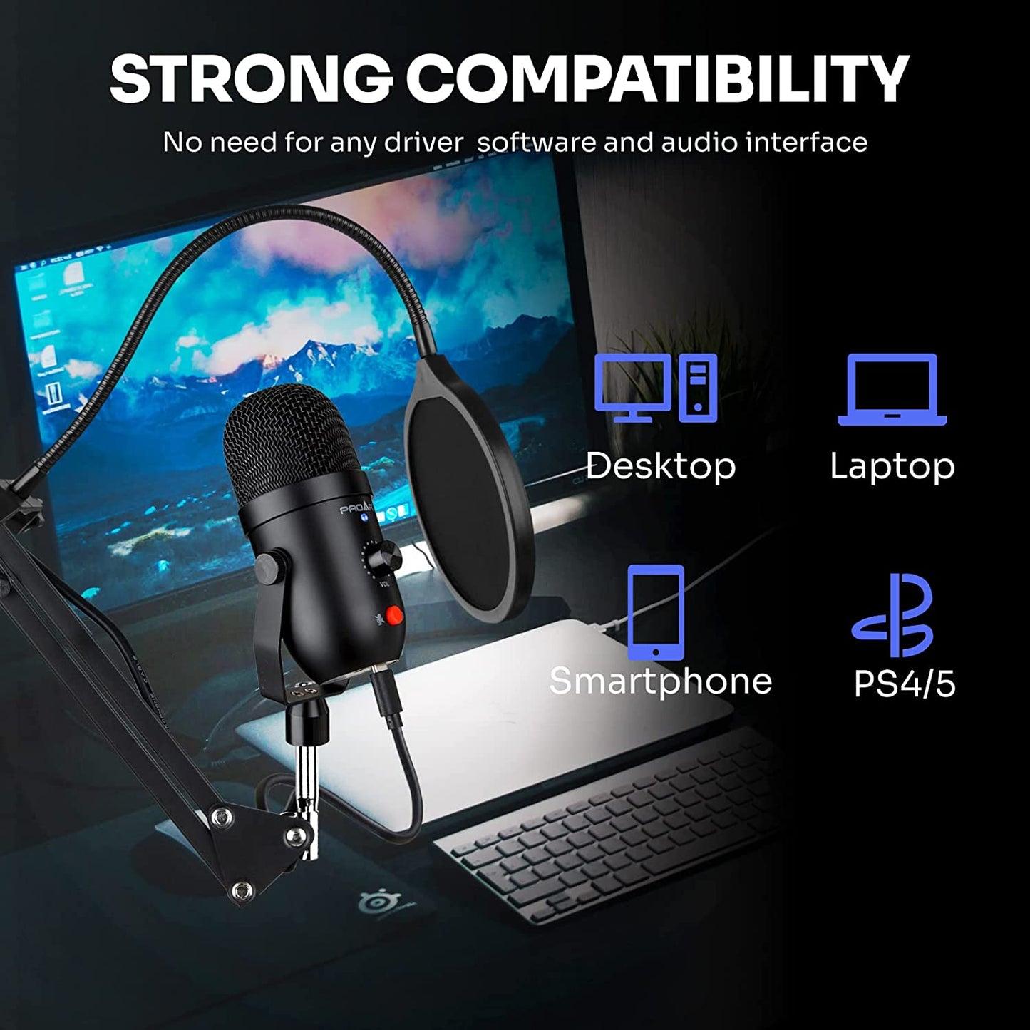USB Microphone for PC Computer PS4 Cardioid Condenser ASMR Microphone Kit Metal Podcast Microphone for Streaming Gaming Studio Video Recording Youtube Noise Cancelling Microphone for Laptop Phone Mac  PROAR   