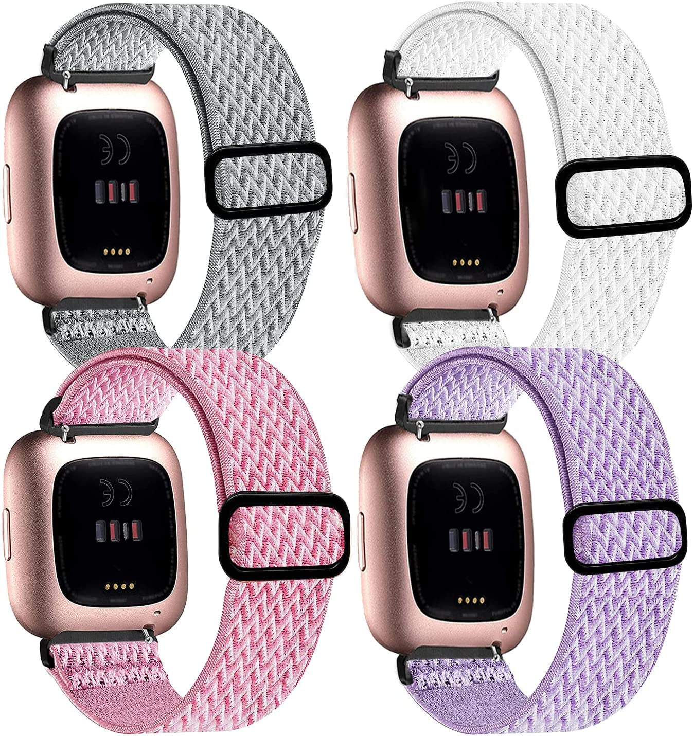 4 Pack Stretchy Bands Compatible with Fitbit Versa/Fitbit Versa Lite/Fitbit 2 Women Men, Adjustable Elastic Soft Loop Nylon Breathable Replacement Straps for Smartwatch Wristband  POHNUI Light gray + White + Pink + Light purple  