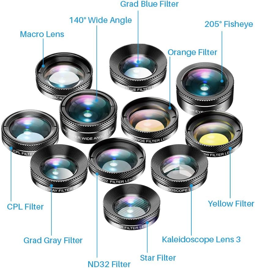 11 in 1 Universal Clip on Cell Phone Camera Lens Kit. 205°Fisheye 140° Super Wide Angle 15X Macro Star CPL ND32 Kaleidoscope 4 Color Lens for Iphone Samsung Huawei and Most of Smartphone  Phorsen   