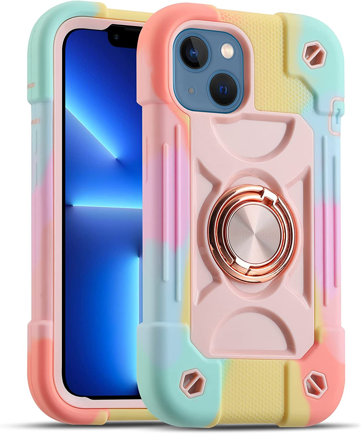 MARKILL Compatible with Iphone 14 Case/Iphone 13 Case 6.1 Inch with Built-In 360°Rotating Ring Stand, Military Grade Drop Protection Full Body Rugged Heavy Duty Protective Cover. (Rainbow Pink)  MARKILL Rainbow Pink  