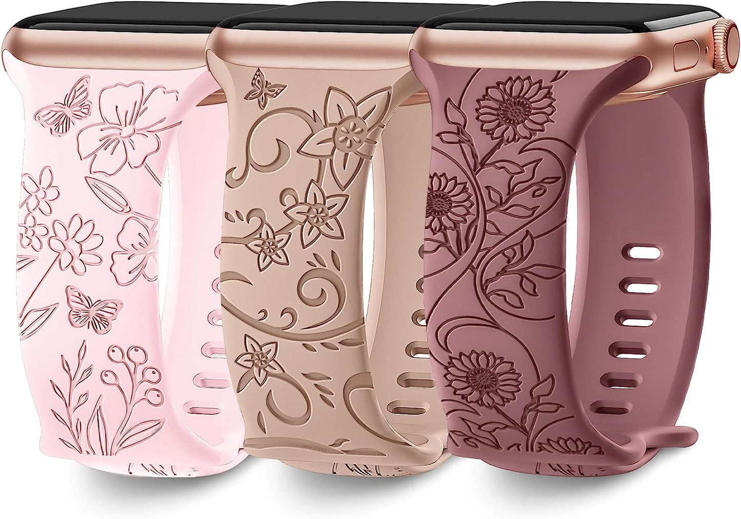 3 Pack Floral Engraved Bands Compatible with Apple Watch Band 40Mm 41Mm 38Mm 42Mm 44Mm 45Mm 49Mm Women,Soft Silicone Cute Wildflowers Sport Laser Strap for Iwatch Bands Series Ultra SE 8 6 5 4 3 2 1  AMSKY Baby Pink/Milk Tea/Violet Smoke 38/40/41 mm 