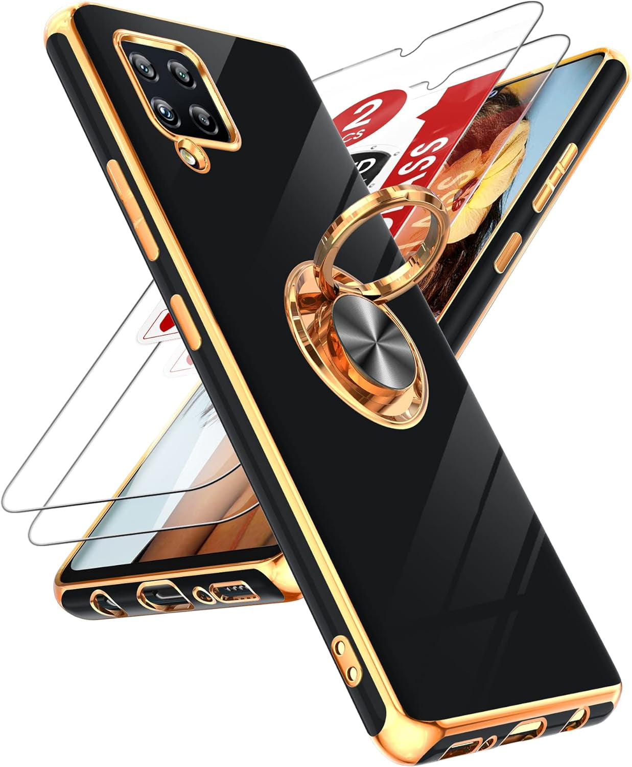 Leyi for Samsung Galaxy A42 5G Case with Tempered Glass Screen Protector [2 Pack] 360° Rotatable Ring Holder Magnetic Kickstand, Plating Rose Gold Edge Protective Case, White  LeYi Black  