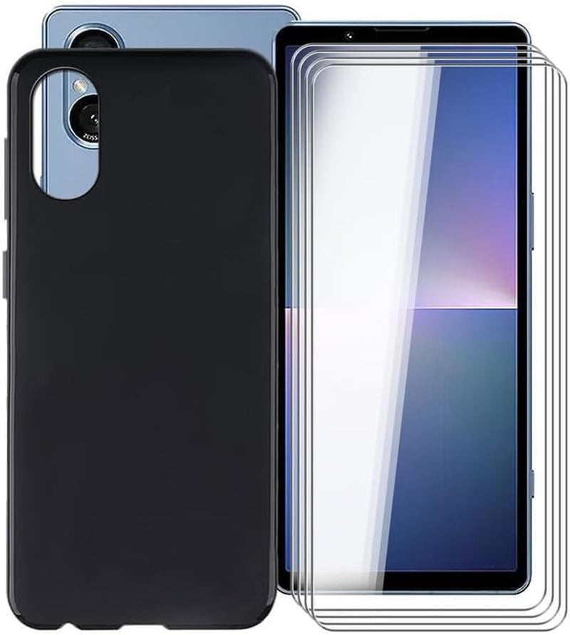 WIMSPEED Phone Case for Sony Xperia 5 V (6.1") + 4 Pack Tempered Glass Protective Film, Soft Silicone Shockproof X anti Scratch Shell TPU Slim Cover for Sony Xperia 5 V - Black  WIMSPEED   