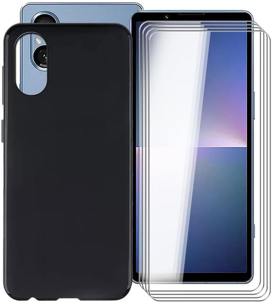 WIMSPEED Phone Case for Sony Xperia 5 V (6.1") + 4 Pack Tempered Glass Protective Film, Soft Silicone Shockproof X anti Scratch Shell TPU Slim Cover for Sony Xperia 5 V - Black  WIMSPEED   