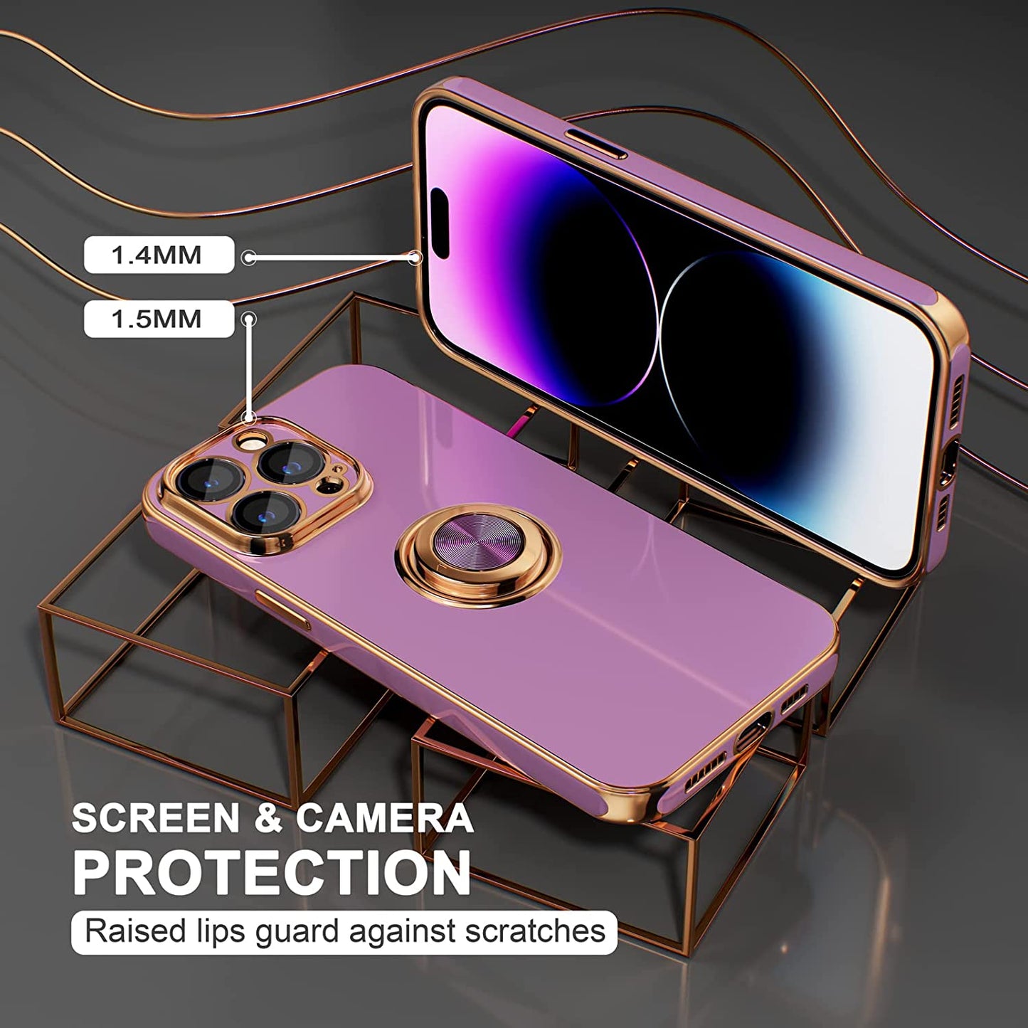 Choiche for Iphone 14 Pro Max Case with 360° Rotatable Ring Stand, Women Luxury Bling Plating Soft Silicone Case, [3 X Camera Lens Protectors] [2 X Tempered Glass Screen Protectors] (Lavender)  Choiche   