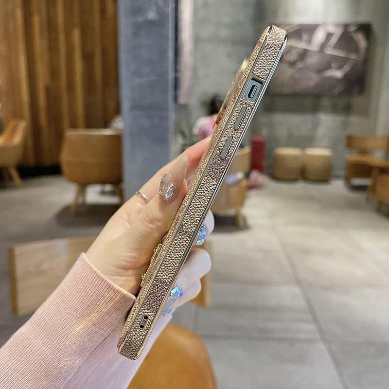 Designer Iphone 14 plus Case for Women Luxury 6.7 Inch, Leather Back Edge with Plate Gold Rim Classic Pattern Bling Glitter Nameplate Camera Protection Cover, Non Slip Shockproof Protective, Khaki  JIUDUIDODO   