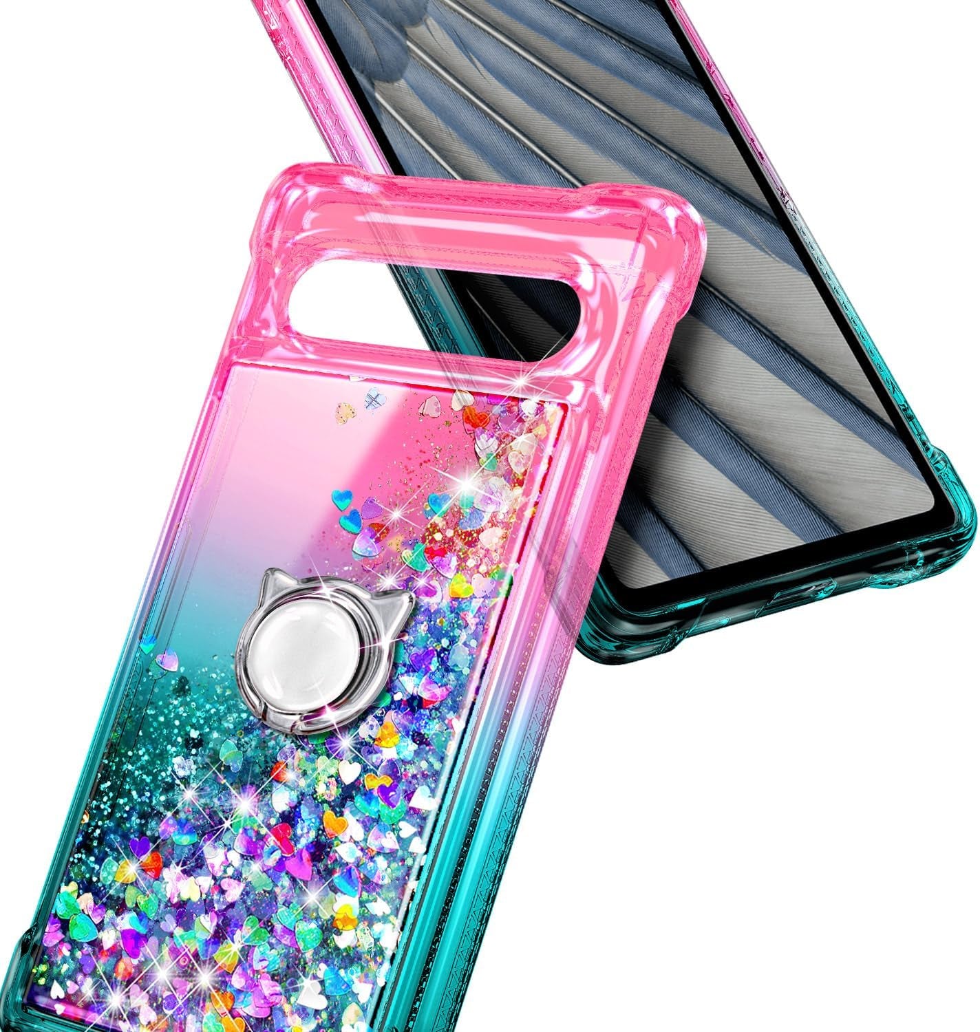 NZND Compatible with Google Pixel 7A (2023) with Tempered Glass Screen Protector, Ring Holder/Wrist Strap, Glitter Liquid Floating Waterfall Durable Girls Women Cute Phone Case (Pink/Aqua)  NZND   