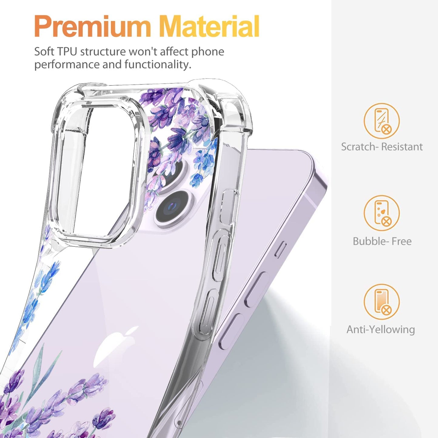 YOYORI Compatible with Iphone 14 Case with Screen Protector, Flower Pattern Design, Floral Clear Women Phone Case Shockproof Protective Soft TPU Bumper Cover 6.1 Inch 2022(Lavender/Purple)  YOYORI   