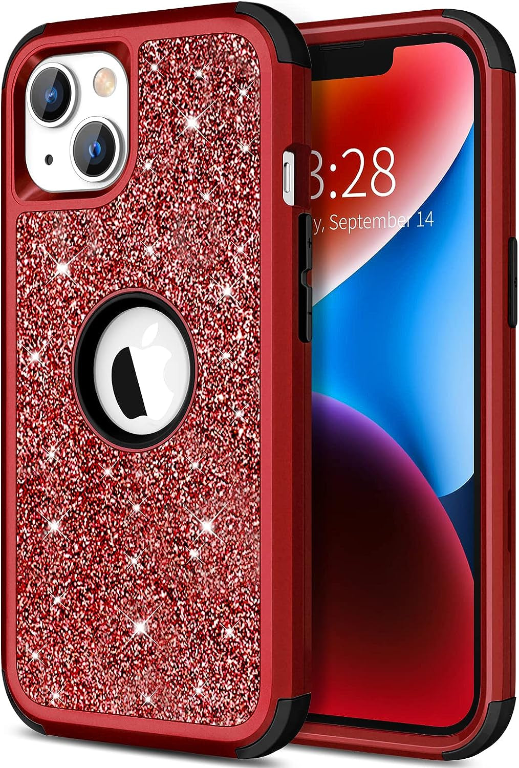 Hython for Iphone 14 plus Case, Heavy Duty Full-Body Defender Protective Phone Cases Glitter Bling Sparkle Hard Shell Hybrid Shockproof/Drop Proof 3-Layer Military Rubber Bumper Cover for Women Girls  Hython Red  