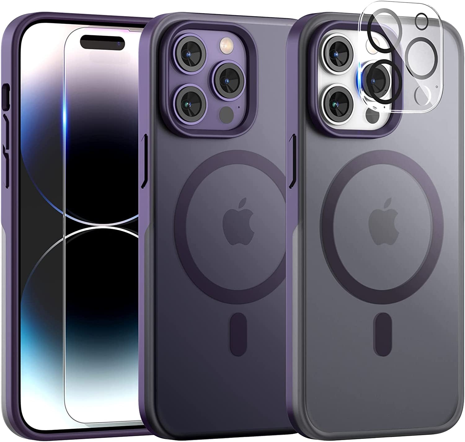 TAURI [5 in 1 Strong Magnetic Clear for Iphone 14 Case [Compatible with Magsafe] with 2 Screen Protector +2 Camera Lens Protector, [Military Drop Protection] Slim Phone Case for Iphone 14 6.1 Inch  TAURI Purple iPhone 14 Pro 