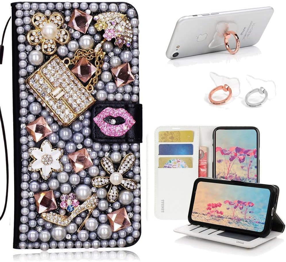 STENES Bling Wallet Case Compatible with LG V40 Thinq - Stylish - 3D Handmade Sexy Girls Bag High Heel Lips Leather Cover with Ring Stand Holder [2 Pack] - Pink  STENES Sexy Girls Bag High Heel Lips / Pink Design For Google Pixel 4A 