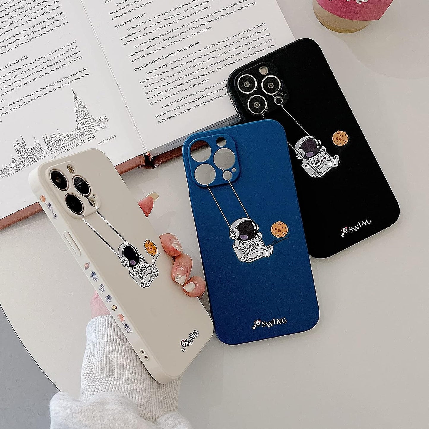Yonds Queen for Iphone 13 Mini Cute Case, Cool Cartoon Swing Astronaut Planet Moon Design Stylish Soft TPU Bumper Shockproof Anti-Slip Protector Case (Iphone 13 Mini, Black Planet)  Yonds Queen   