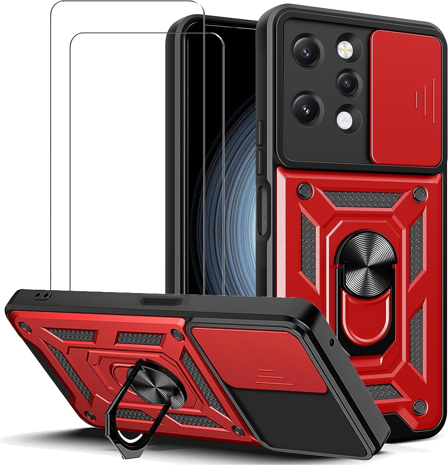 ZMONE Phone Case for Xiaomi Redmi 12 4G Case with Glass Screen Protector, [2 Pack] Built Slide Camera Protection Cover,Military Heavy Duty Full Body Protective Phone Case - Black  Chengmi Red  