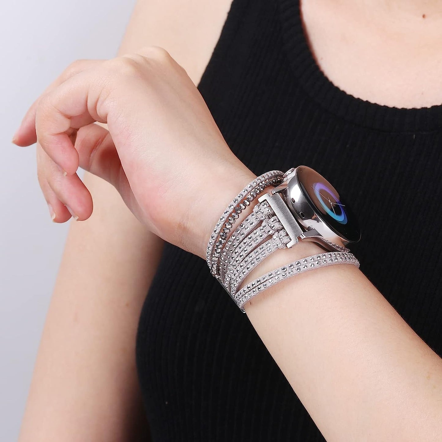 20Mm Bracelet Watch Band Compatible with Samsung Galaxy Watch 4 40Mm 44Mm/Watch 4 Classic 42Mm 46Mm/ Watch Active 2/Watch 3 41Mm/Garmin Vivoactive 3, 20Mm Glitter Leather Boho Bracelet Jewelry Multilayer Strap for Women  NEWLOTSE   