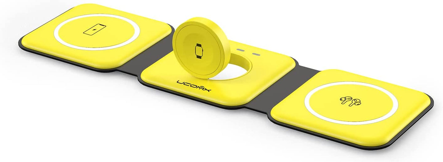 UCOMX Nano 3 in 1 Wireless Charger for Iphone,Magnetic Foldable 3 in 1 Charging Station,Travel Charger for Multple Devices for Iphone 14/13/12 Series,Airpods 3/2/Pro,Iwatch(Adapter Included)  Lilimlss LLC Yellow  