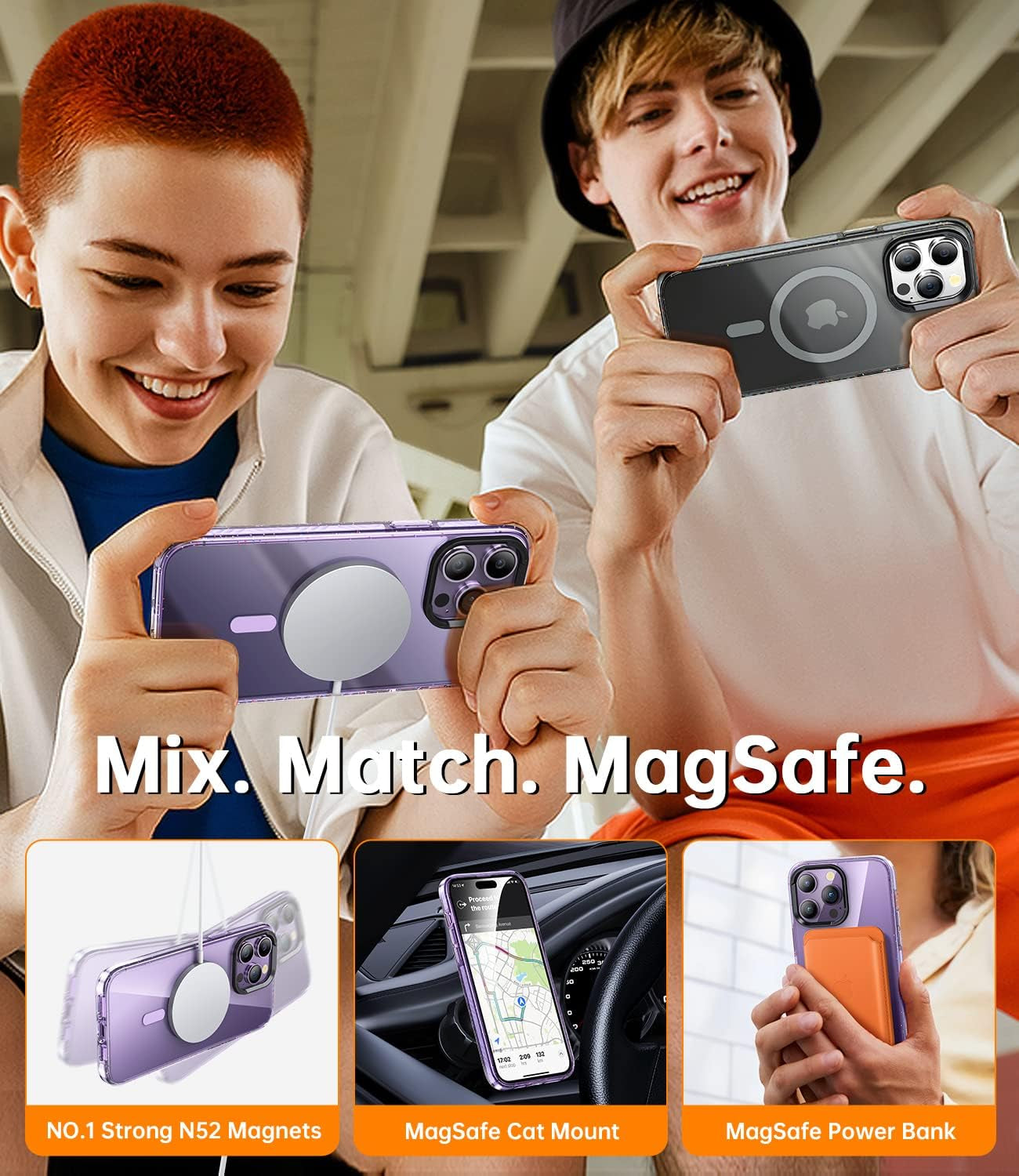 JUESHITUO for Iphone 14 Pro Max Case Magsafe with Glitter Shockproof Buffer Belt [Never Yellow] [10X Military Protection] [Screen Protector & Higher Camera Cover] Magnetic Clear Purple Back 6.7 Inch  JUESHITUO   