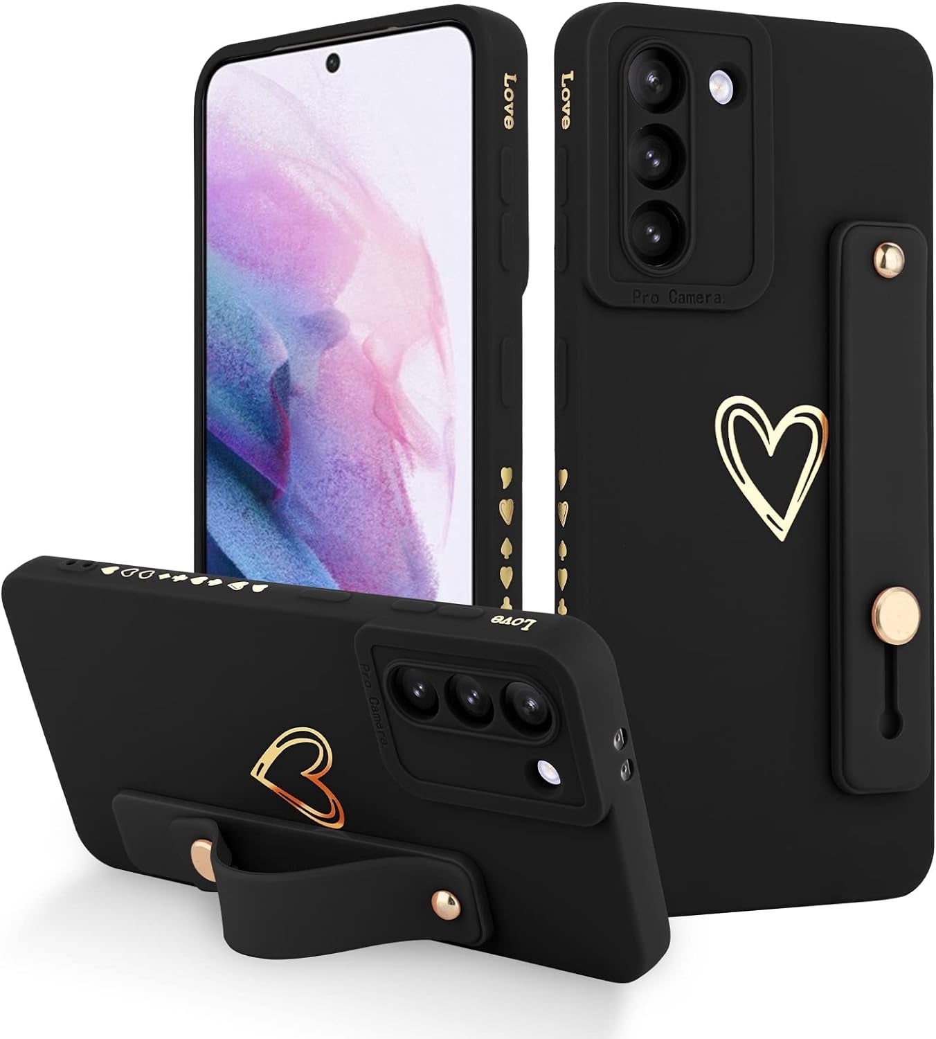 Fiyart Designed for Galaxy S21 5G Case with Phone Stand Holder Cute Love Hearts Pattern Slim Protective Camera Protection Cover with Wrist Strap for Women Girls for Galaxy S21 5G 6.2"-White  Fiyart Black  