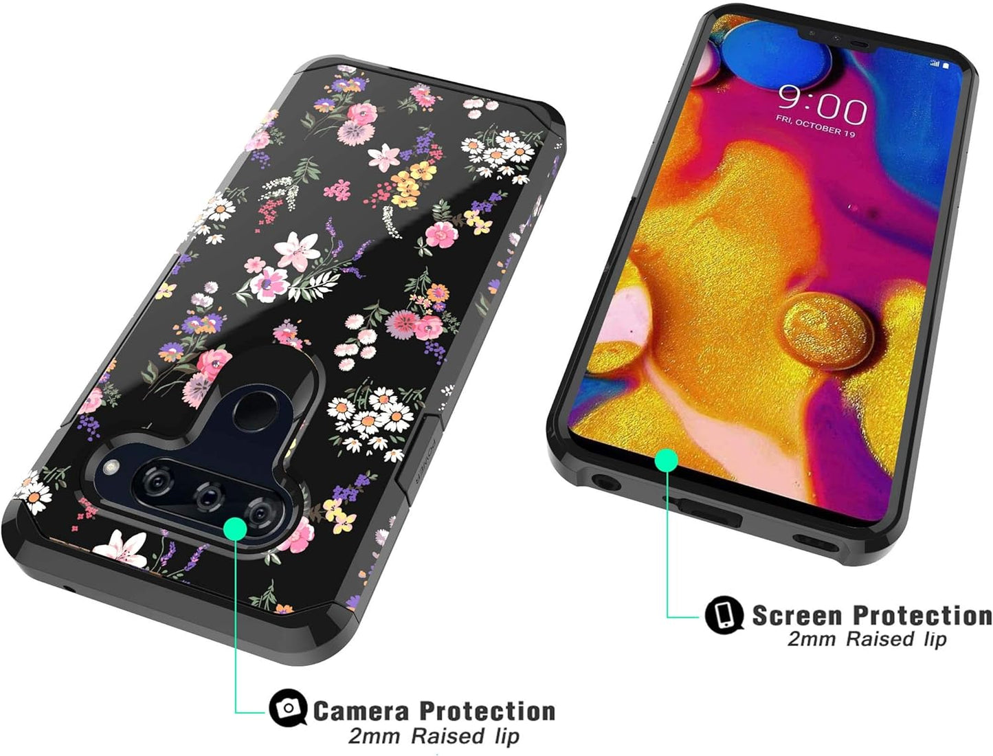Shinymax Protective Phone Case for LG V40/LG V40 Thinq,Flowers Design Heavy Duty Hybrid Dual Layer Armor Cover Cute Flexible Sturdy Anti-Scratch Shockproof Bumper Case for Women and Girls-Floral/Black  ShinyMax   