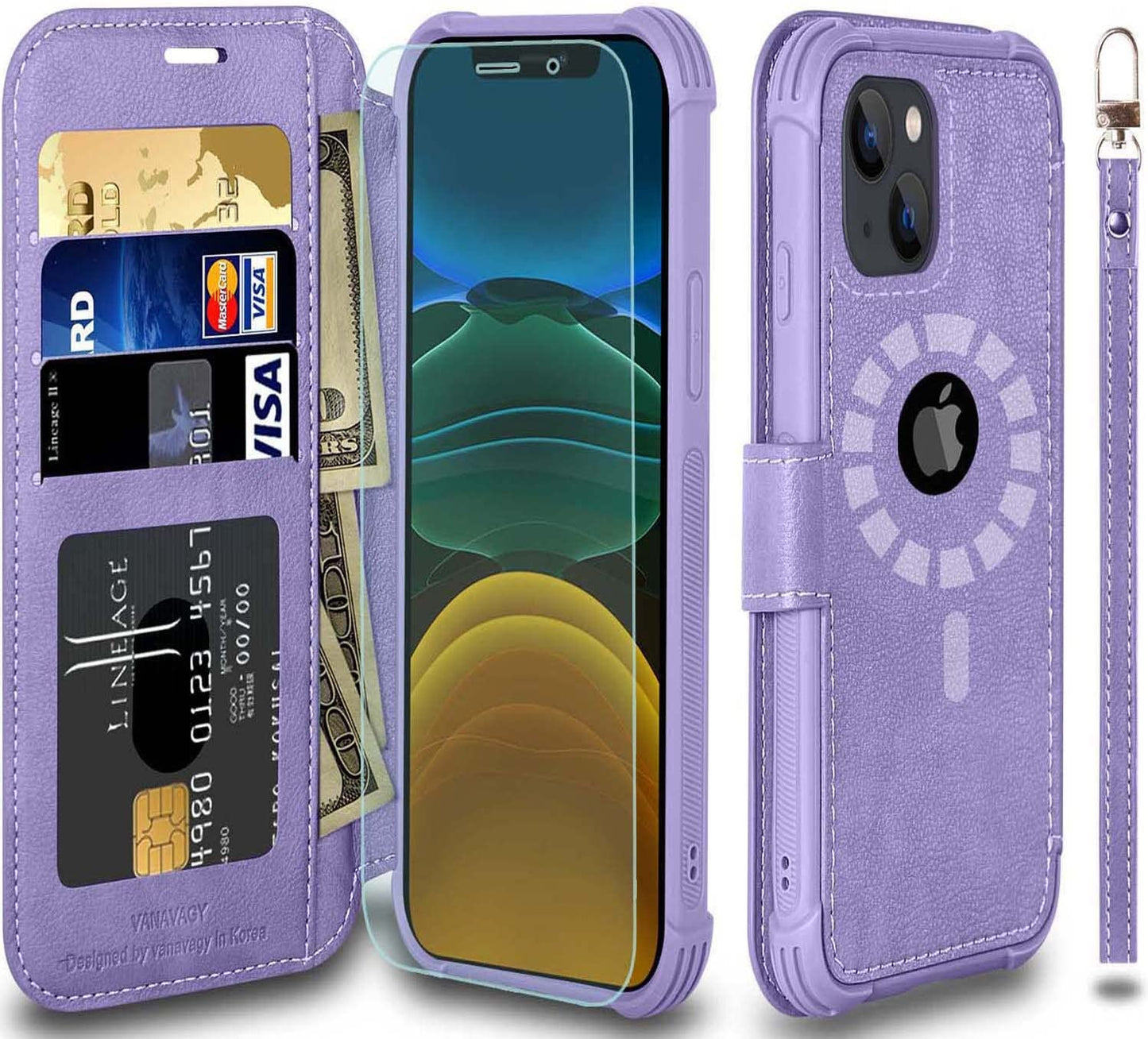 VANAVAGY Iphone 13 Mini Wallet Case Magsafe,Leather Flip Folio Phone Cover Supports Magsafe and Wireless Charging with RFID Block Card Holder and Wrist Strap,Forest Green  VANAVAGY Lilac Violet  