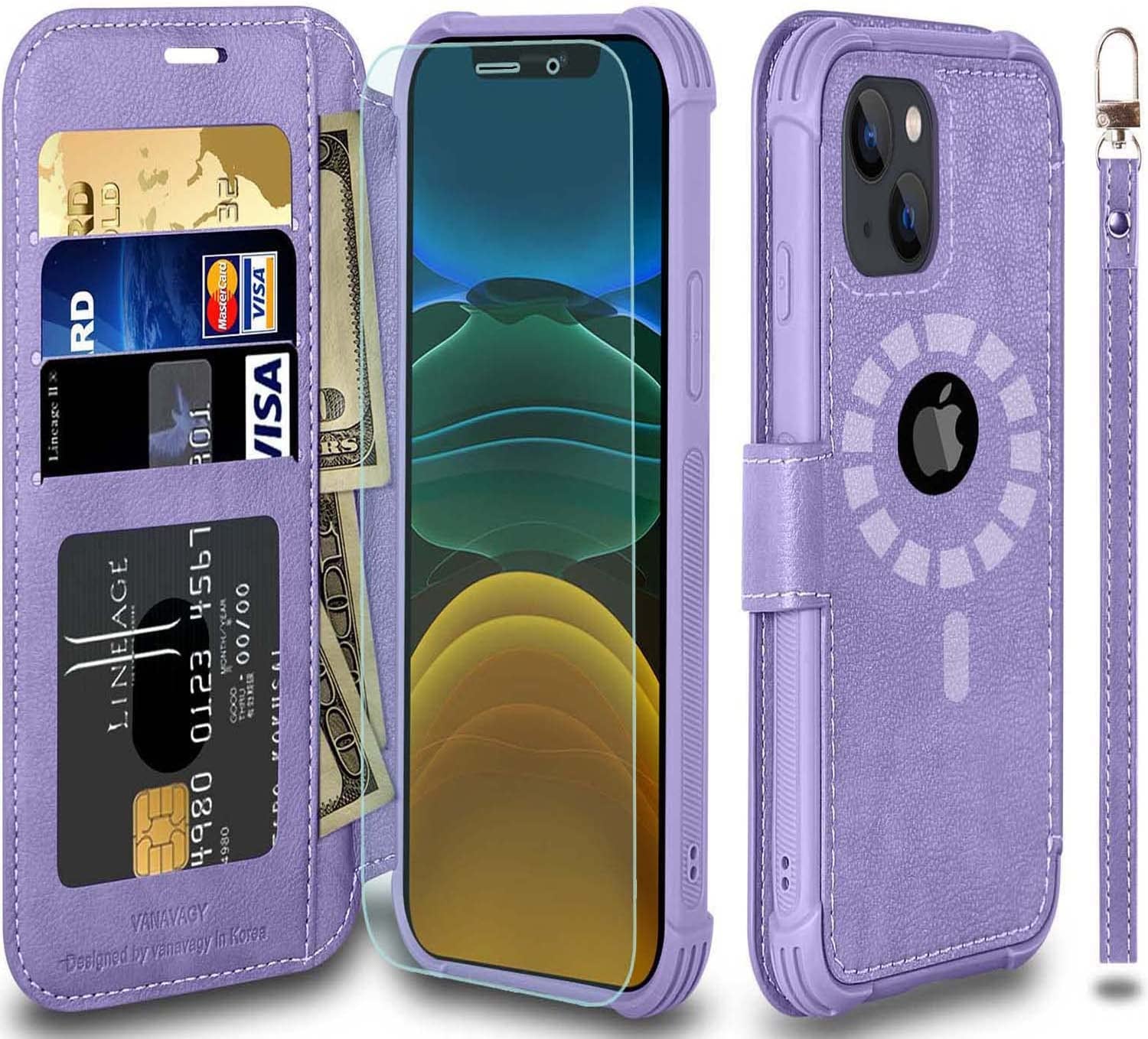 VANAVAGY Iphone 13 Mini Wallet Case Magsafe,Leather Flip Folio Phone Cover Supports Magsafe and Wireless Charging with RFID Block Card Holder and Wrist Strap,Forest Green  VANAVAGY Lilac Violet  