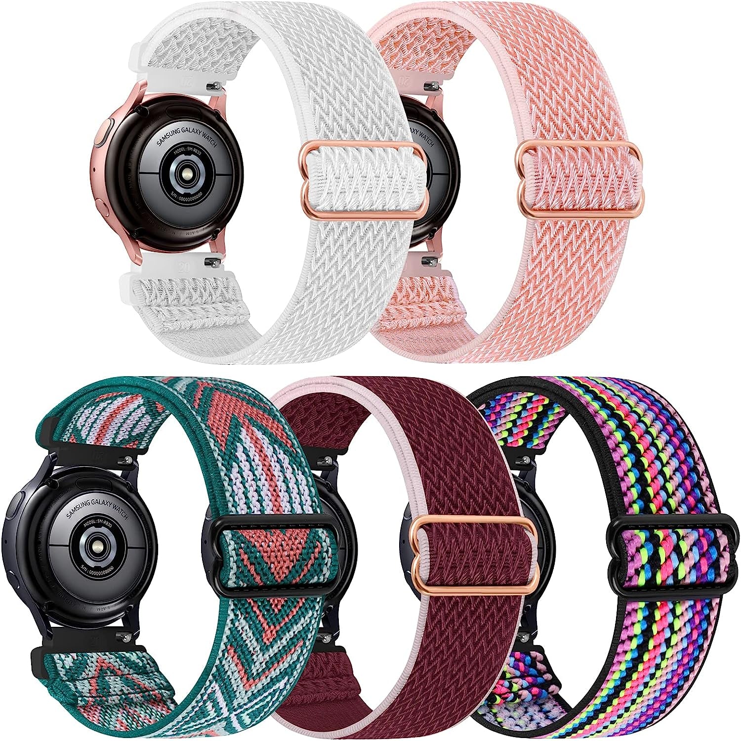 5 Pack Stretchy Nylon Watch Bands Compatible with Samsung Galaxy Watch Active 2 Bands 40Mm 44Mm/Active 40Mm/Galaxy Watch 3 41Mm/Galaxy Watch 42Mm/Gear S2/Galaxy Watch 4 Fabric 20Mm Wristband  MEULOT White/Wine-Red/Pink/Green Arrow/Multicolor  