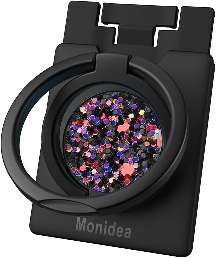 Monidea Phone Ring Holder, Phone Grip Finger Kickstand Wireless Charging Friendly, 360°Rotation Metal Phone Ring Grip Stand Work with Magnetic Car Mount for Iphone Samsung Ipad Tablets & More - Black  MonIdea Sparkle - Purple  
