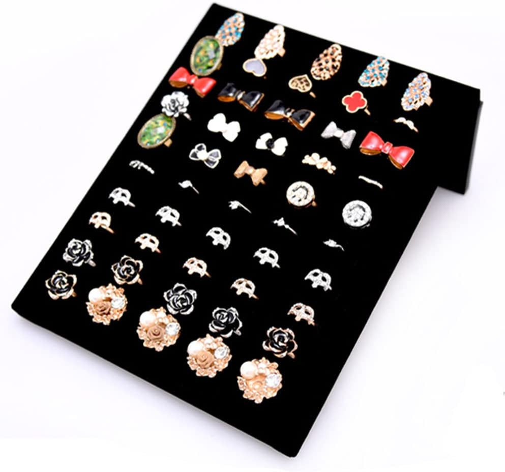 Homeanda Black Velvet L-Shaped 50 Slots Ring Earring Jewelry Display Tray Organizer Holder (L-Shaped 50 Slots-Black)  Homeanda   
