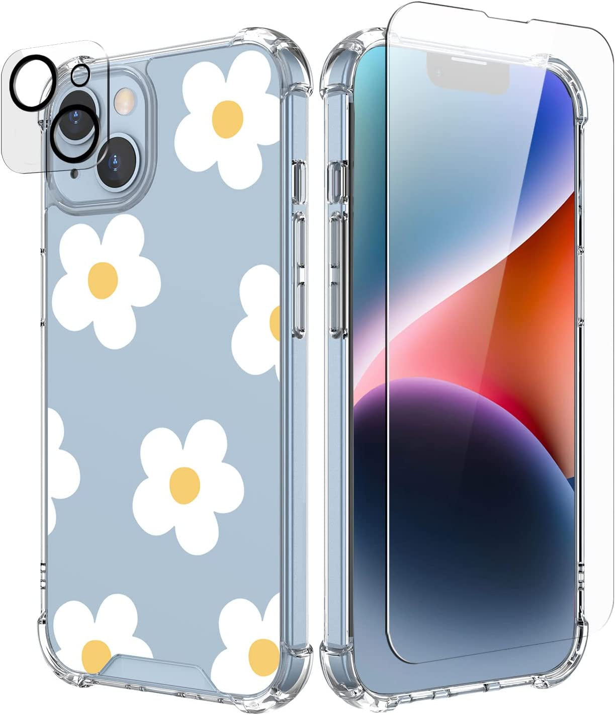 Cutebe [3 in 1 Crystal Phone Case for Iphone 13(2021)/Iphone 14(2022) 6.1", Cute Protective Cover with 9H Temper Glass Screen Protector + HD Temper Camera Lens Protector for Women, Girls  Cutebe iPhone 13/14-Retro Flower iPhone 13/14 Case 6.1 Inch 