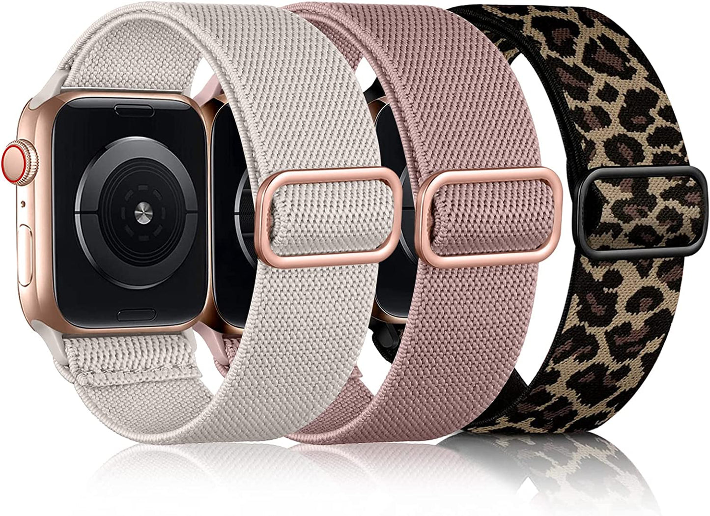 Daqin 3 Pack Stretchy Nylon Solo Loop Band Compatible with Apple Watch Band 41Mm 45Mm 38Mm 40Mm 42Mm 44Mm 49Mm, Adjustable Elastic Braided Straps for Apple Watch Ultra Iwatch Series 8/7/6/5/4/3/2/1/SE  Ylire-US Leopard/Deep Pink/Starlight 42mm/44mm/45mm/49mm 