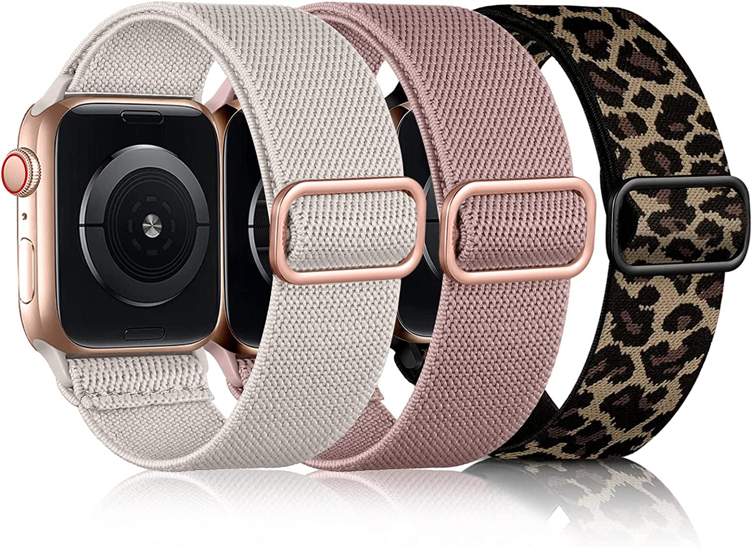 Daqin 3 Pack Stretchy Nylon Solo Loop Band Compatible with Apple Watch Band 41Mm 45Mm 38Mm 40Mm 42Mm 44Mm 49Mm, Adjustable Elastic Braided Straps for Apple Watch Ultra Iwatch Series 8/7/6/5/4/3/2/1/SE  Ylire-US Leopard/Deep Pink/Starlight 42mm/44mm/45mm/49mm 
