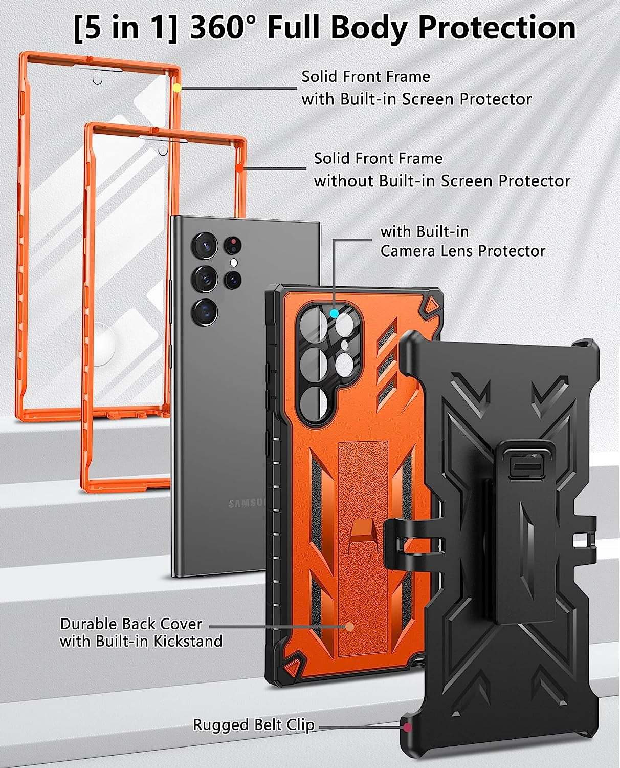 FNTCASE for Samsung Galaxy S22 Ultra Case: Built-In Screen Protector & Kickstand & Belt-Clip Holster, Extra Front Frame Full-Body Dual Layer Rugged Heavy Duty Shockproof Protective Phone Cover-Orange  FNTCASE   