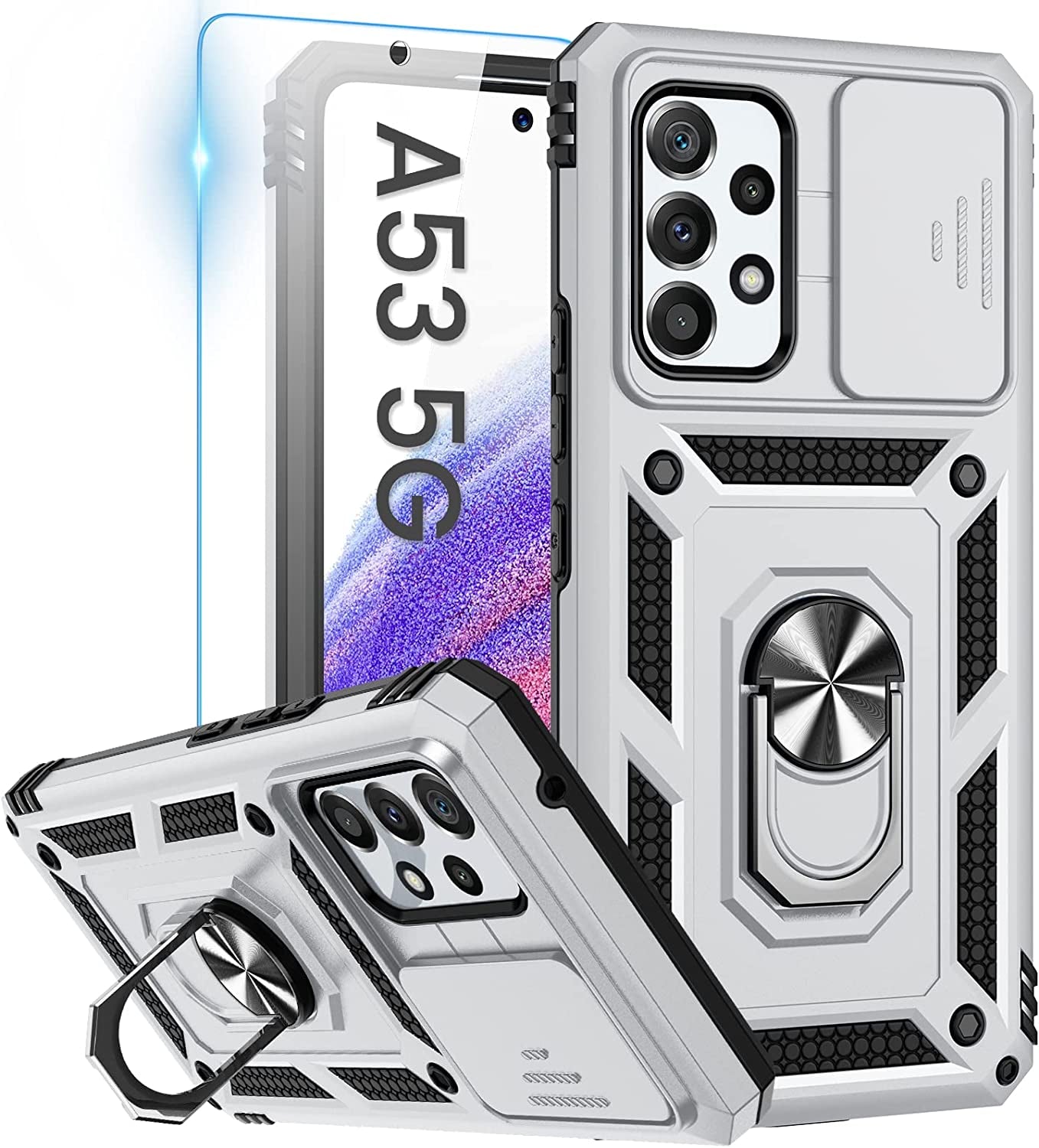 Goton for Samsung A53 5G Case, Galaxy A53 5G Case with Camera Cover & 360°Kickstand Ring with Tempered Glass Screen Protector, Military Grade Shockproof Protective Cover for A53 5G Case Black  Goton Silver  