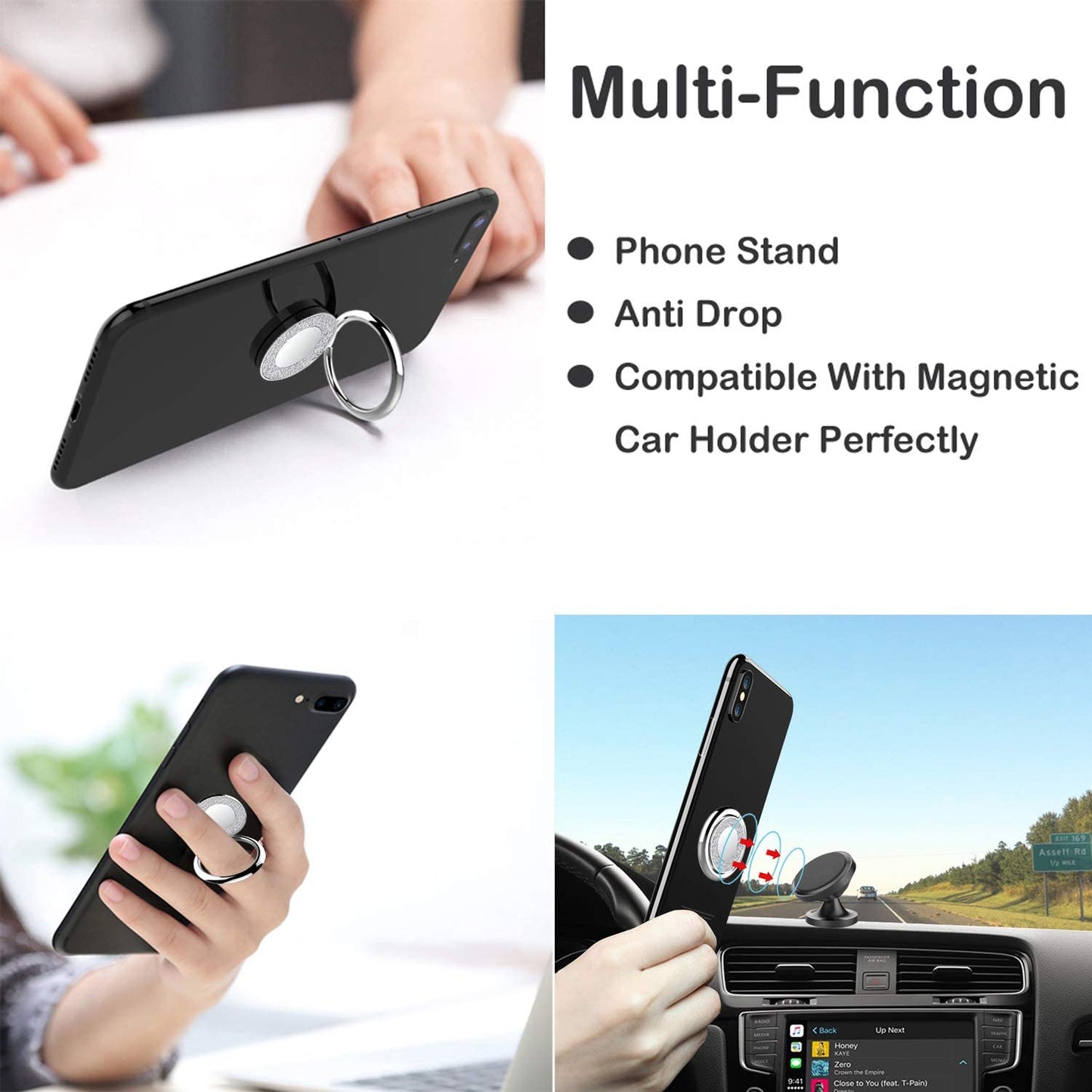 Cell Phone Ring Holder Finger Kickstand - Pikabo 360 Degree Rotation Metal Ring Grip for Magnetic Car Mount Compatible with Iphone, Samsung, All Smartphone. (Glitter Silver)  Pikabo   