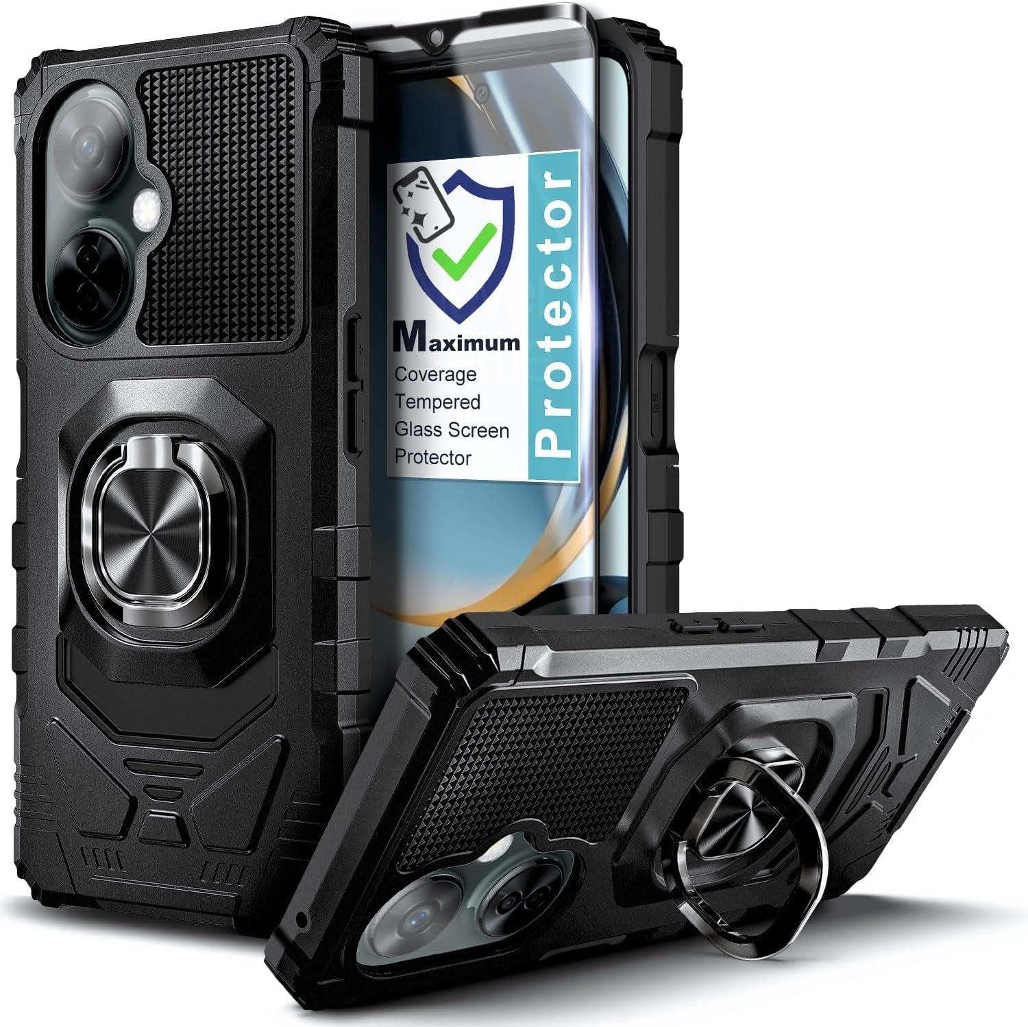 NZND Case for Oneplus Nord N30 5G / Nord CE 3 Lite 5G with Tempered Glass Screen Protector (Maximum Coverage), Full-Body Protective [Military-Grade], Magnetic Car Ring Holder Cover Case (Green)  NZND Black  